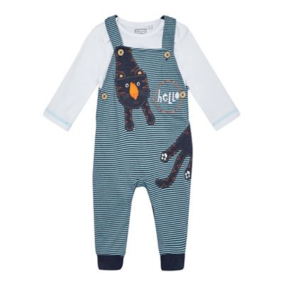 Baby boys' blue striped tiger applique dungarees and body suit set
